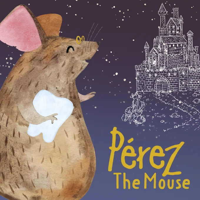 A friendly looking cartoon mouse holds a large tooth.