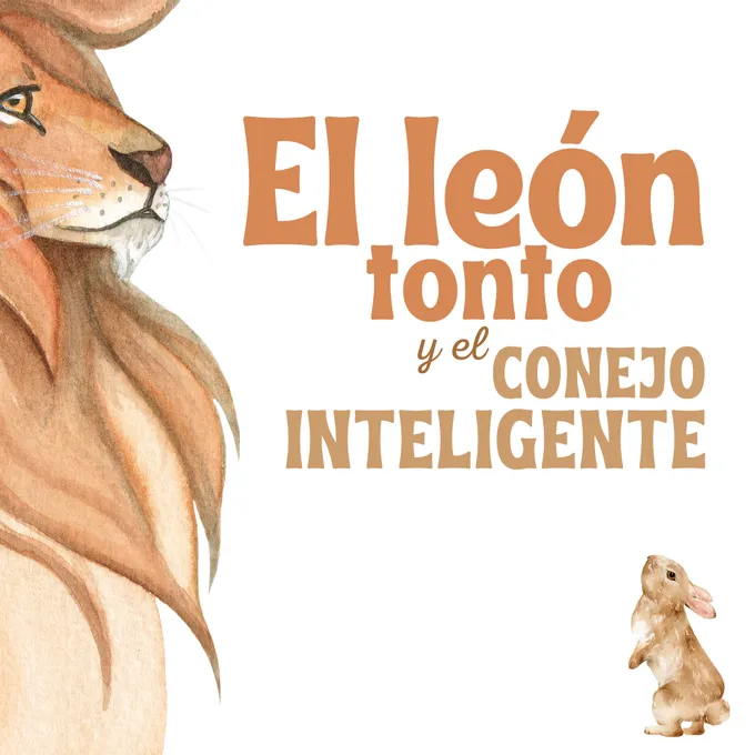 Lion with a flowing mane faces a small brown rabbit
