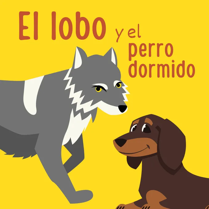 Grey wolf faces a brown smiling dog