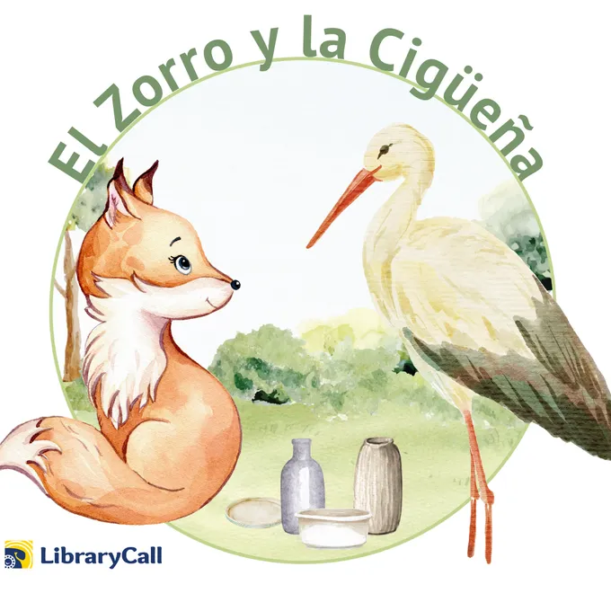 A red fox facing a stork bird with three jars between them