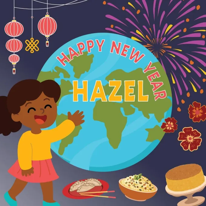 A cartoon earth is in the middle of the picture. Surrounding it, are images of Chinese Lanterns and dumplings, a bowl of pelau, a cake, and fireworks. In the foreground, there is a smiling young girl with dark skin and hair.