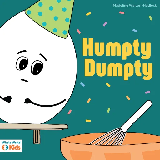 An anthropomorphic egg wearing a party hat looks nervously at a mixing bowl.