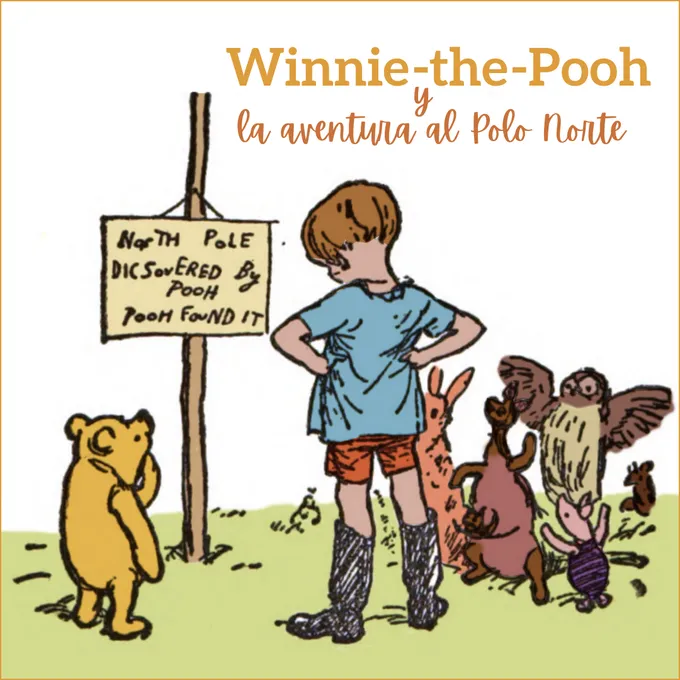 A boy and a group of stuffed animals all look at a wooden pole with a sign on it.