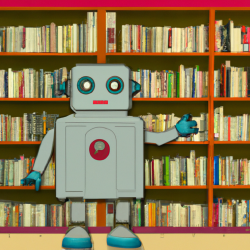 Robot in front of book shelves