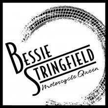 Bessie Stringfield title encircled by a round motorcycle track mark