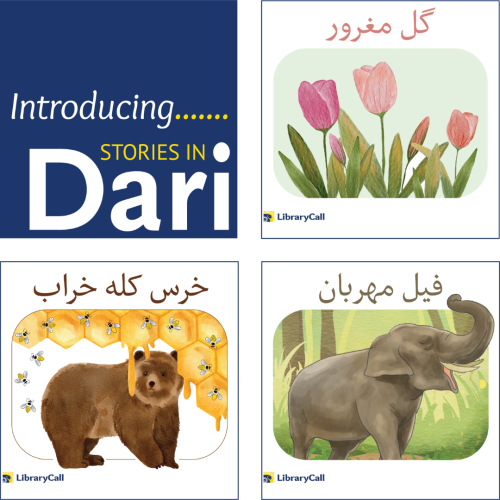 Ad that says "Introducing stories in Dari" with three story covers