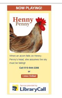 Image of an example web widget featuring the cover of The Little Red Hen and a button for playing the story online