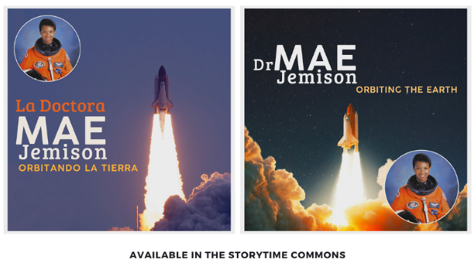 Spanish and English story covers, both with picture of Mae Jemison in orange space suit and rocket blasting off
