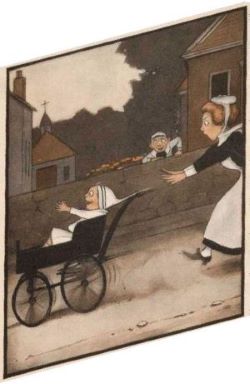 Image from The Slant Book of a baby rolling down a hill in a carriage with his nanny chasing after him
