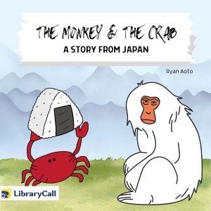 A red crab holding omusubi rice snack above its head and a white Japanese macaque monkey look at each other.