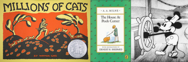 Covers of Millions of Cats, The House at Pooh Corner and Steamboat Willie