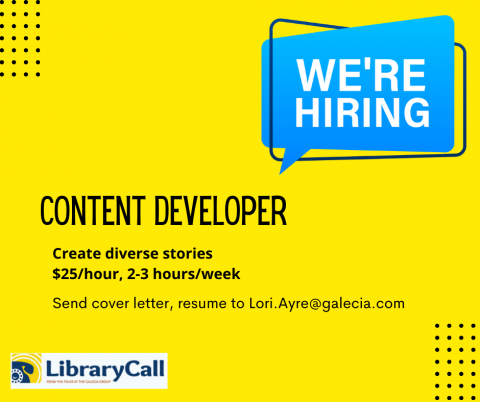 Ad for content developer job with a blue "we're hiring" speech bubble