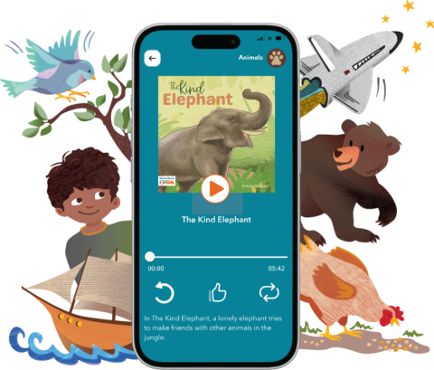 Image of the WWK app on a mobile phone, with an illustrated menagerie of cute animals, adventuring kids, and a spaceship!