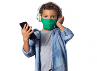 Image of child wearing headphones and mask while holding mobile phone