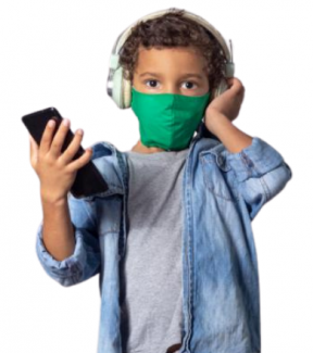 Image of child wearing a mask, holding a tablet, and holding a mobile phone near their ear