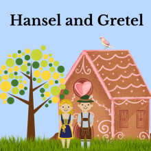 Two children in lederhosen stand in front of a gingerbread house