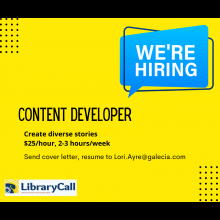 Ad for content developer job with a blue "we're hiring" speech bubble
