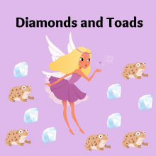 A fairy with blonde hair granting a wish with diamonds and toads surrounding her against a light purple background.