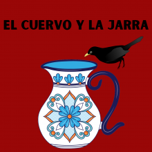 A crow trying to drink from a decorative blue vase against a dark red background.