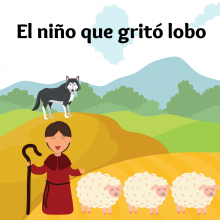 A shepherd boy in a red robe stands to the left of three white sheep. There is a wolf in the background. 