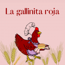 A cartoon hen wearing a chef's hat and apron holds a loaf of bread. 