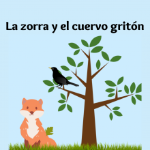 Cartoon fox sits to the left of a crow in a tree.