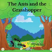 A cluster of black ants with a green grasshopper in a forest beside two trees.
