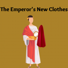 The vain emperor holds a piece of red velvet fabric and a hand mirror against a gold background. 