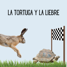 A tortoise is crossing a finish line with a black and white checkered flag. A hare hops just behind him.
