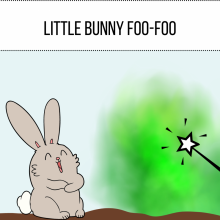 Gray rabbit laughs and looks toward a star-topped wand with a cloud of green dust behind it