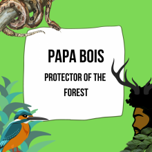 Papa Bois, a man with brown skin, deer horns and a leafy beard, looks at a tropical bird and a boa constrictor