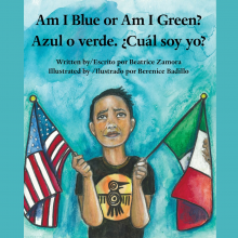 A young boy wearing a hummingbird shirt holds the U.S. flag on the left and the Mexican flag on the right.