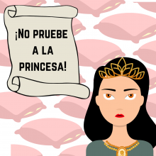 A princess with a golden crown and necklace is against a background full of light pink pillows
