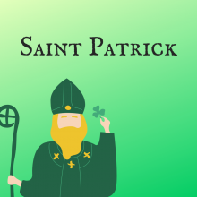 A saint with a yellow beard and green robe holds a green clover