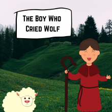 Shepherd boy in red robe, white sheep, and green hills with forest in the background