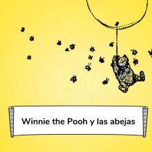 Line drawing of a bear holding a balloon string, floating, and being chased by bees.