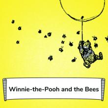 Winnie-the-Pooh, a bear, is holding the string of a balloon and floating. He is surrounded by bees. 