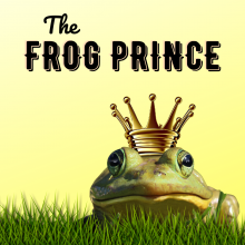A frog wearing a gold crown sits in grass in front of a yellow background