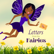 A fairy wearing purple flies above a flower field with an envelope.