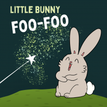 A gray bunny laughs and looks at a wand with a star at the end and fairy dust