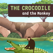 A monkey sits on a crocodile's back in a river with trees in the background.