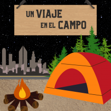 A campfire and yellow and red tent are in the foreground. In the background is a cityscape on the left mirrored by a row of trees on the right. 