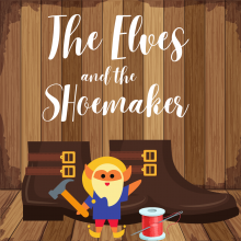 An elf holds a hammer in front of a pair of shoes with thread.