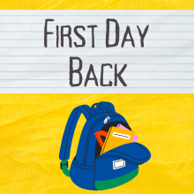 Blue backpack with school supplies in front of a yellow background