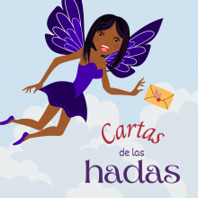 A fairy in a purple outfit holding a letter flies against a blue sky.