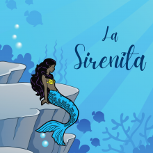 A mermaid with a blue fin sits on a rock underneath a sea with sea creatures and foliage.