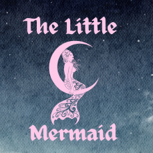 A pink mermaid sits on a crescent moon with a starry background.
