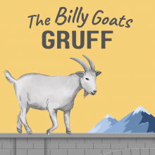 White and grey goat on a bridge with a yellow background 