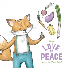 Red fox wearing blue pants and suspenders looks at vegetables suspended in the air next to him. Image by Storynory.com.