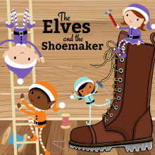 Four elves in colorful snow suits and hats hold tools and sit on a brown boot and white ladder